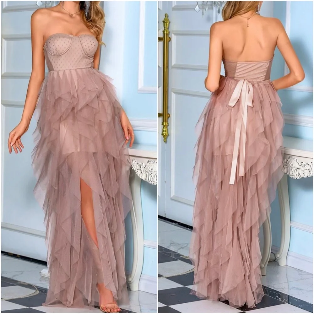 Boho Nude Pink mesh ruffle maxi dress wedding Prom - Picture 1 of 8